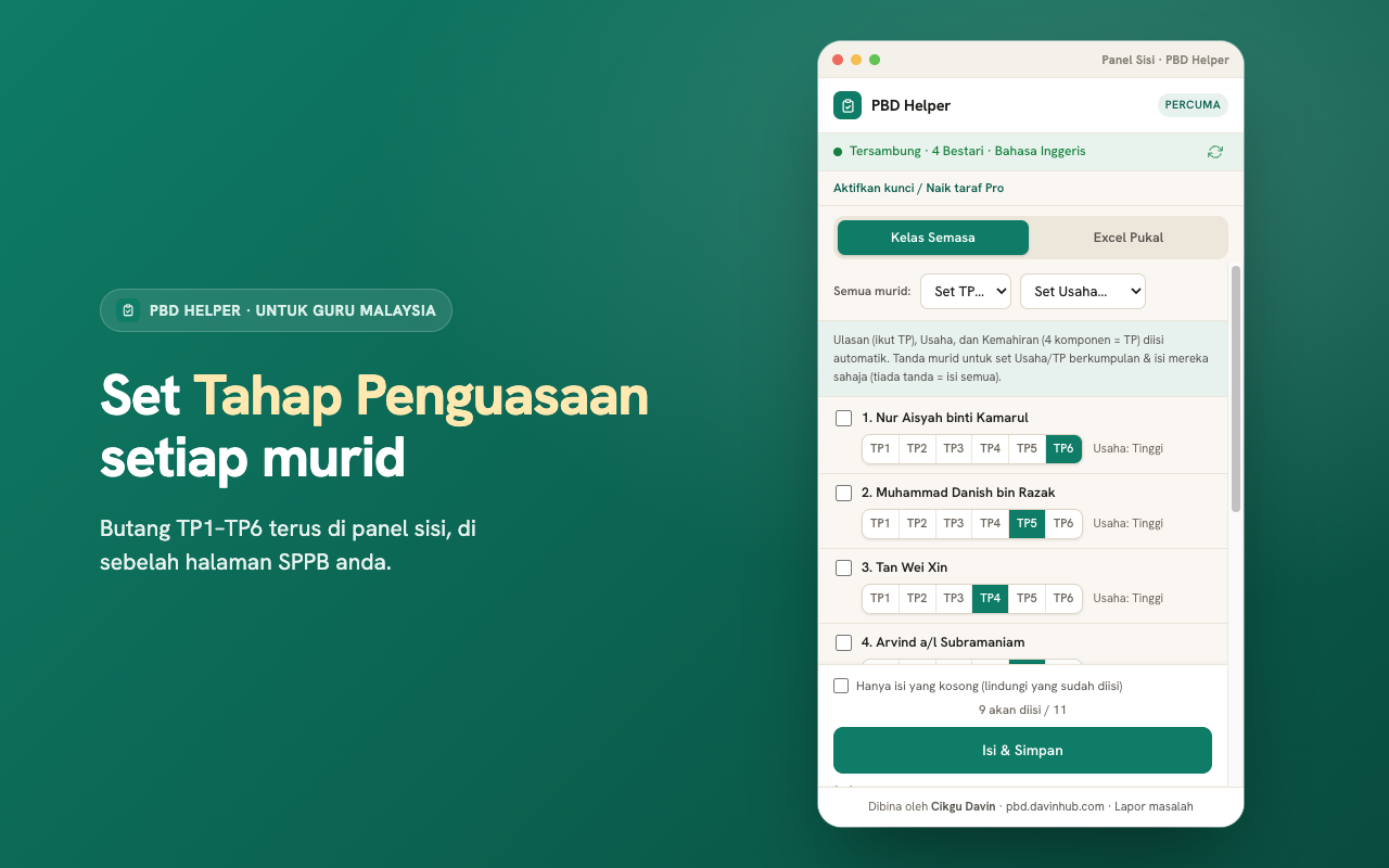 Panel Kelas Semasa PBD Helper: senarai murid dengan butang bersegmen TP1 hingga TP6 dan bar status sambungan kelas.