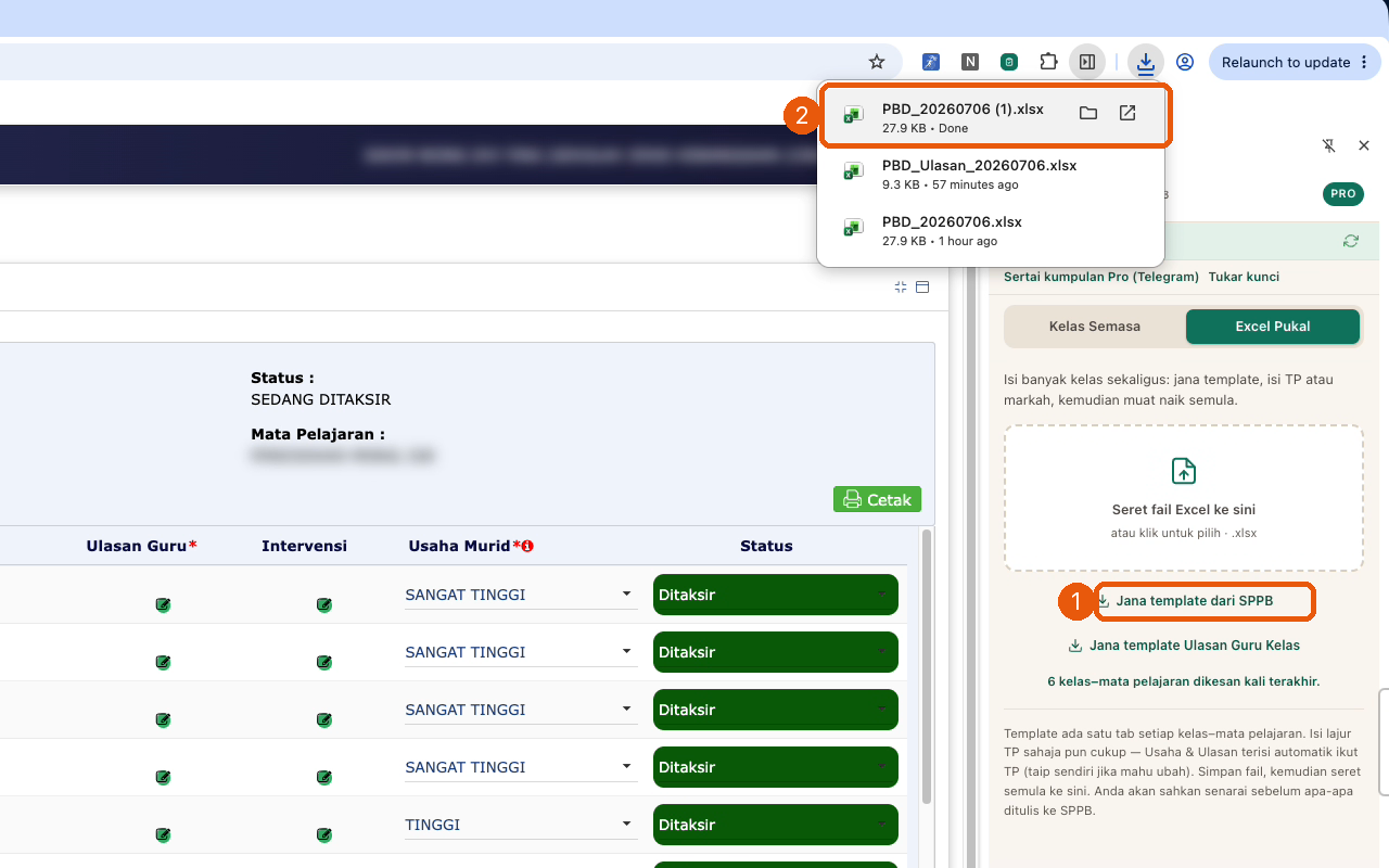 Panel Excel Pukal: butang Jana template dari SPPB ditanda (1), fail Excel yang dimuat turun dalam senarai muat turun pelayar ditanda (2).