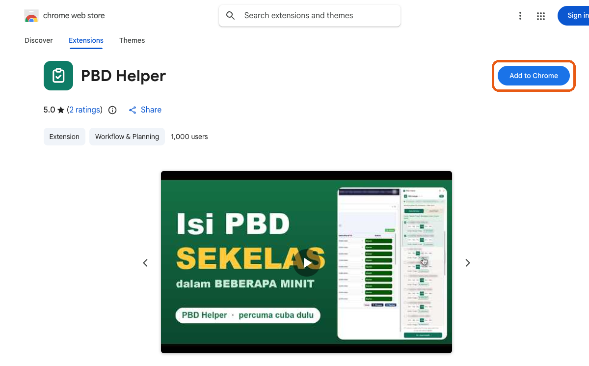 Halaman Chrome Web Store PBD Helper dengan butang biru Add to Chrome ditanda dengan kotak jingga.