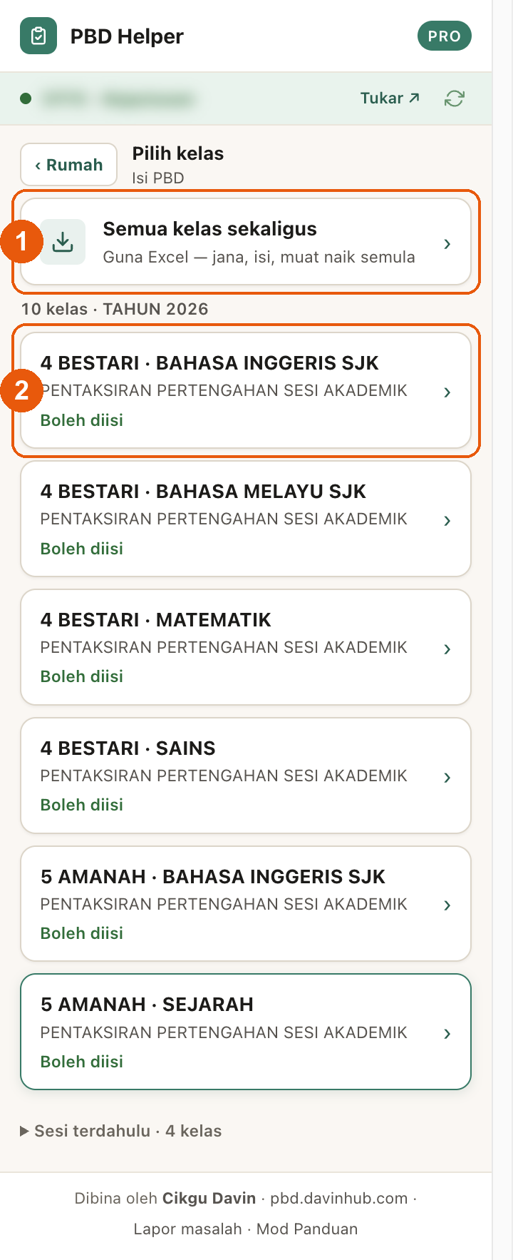 Skrin Pilih kelas: kad Semua kelas sekaligus - Guna Excel ditanda (1), kad kelas pertama ditanda (2), kad kelas bertanda Boleh diisi, dan baris Sesi terdahulu 4 kelas yang dilipat.