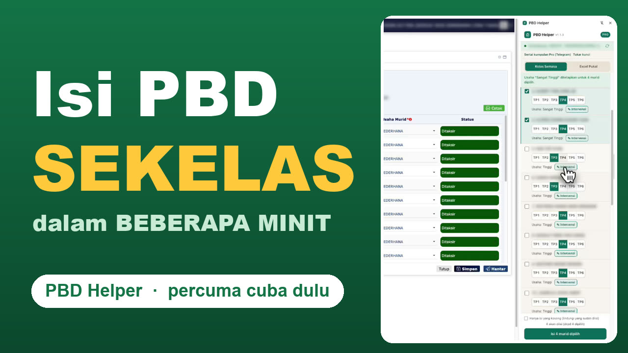Video demo PBD Helper: panel sisi mengisi Tahap Penguasaan satu kelas di SPPB.